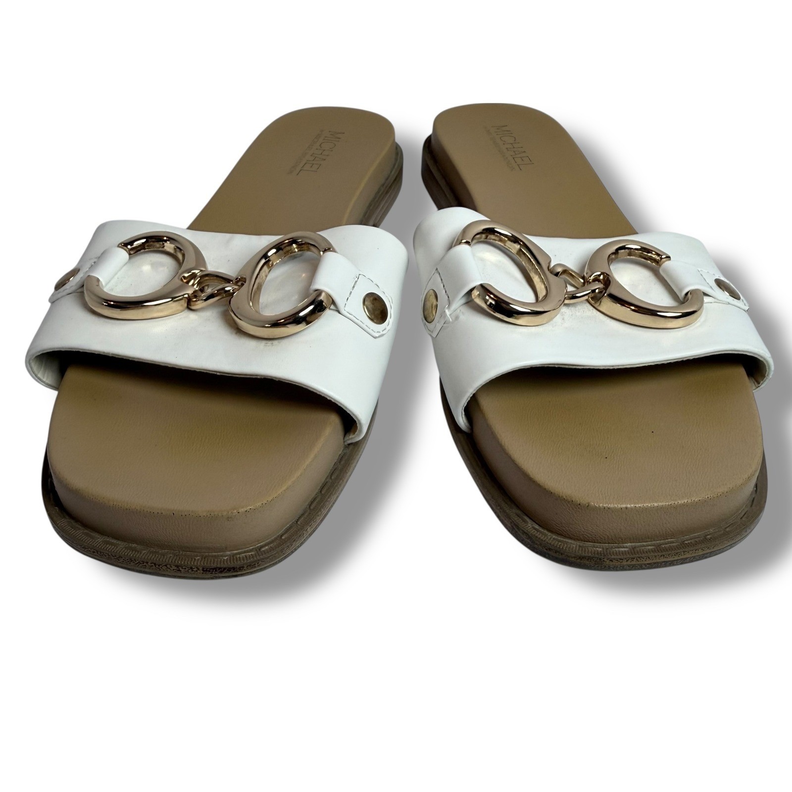 EUC Michael by Michael Shannon White & Gold Chain Detail Slide Sandals Size 9M