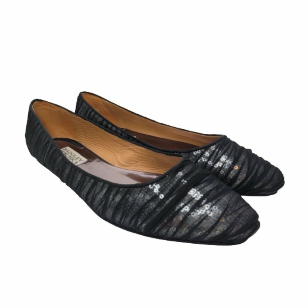 Badgley Mischka Sz 7 Black Organza Covered Silver Sequin Slip On Flats Shoes