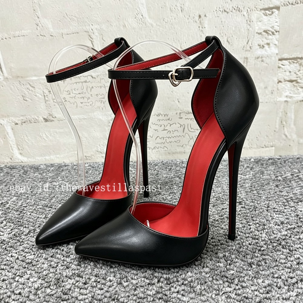 14/16CM Extreme High Heels Pumps Black Matte Pointed Toe Ankle Strap Stilettos