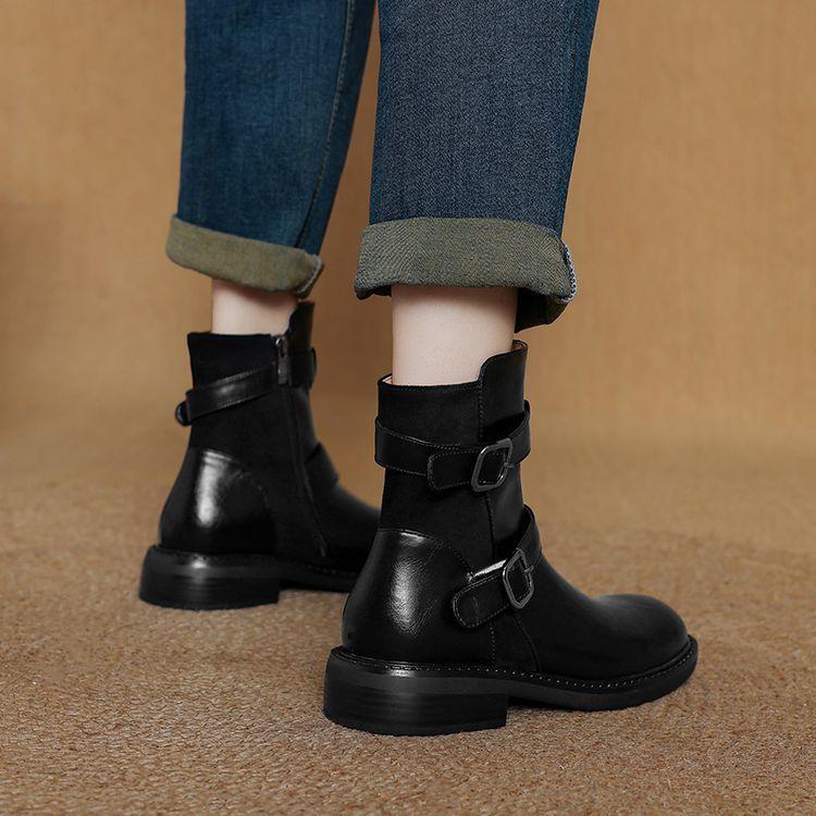 Women Buckle Round Toe Leather Ankle Boot High Top Loafer Flat Knight Boot Brown