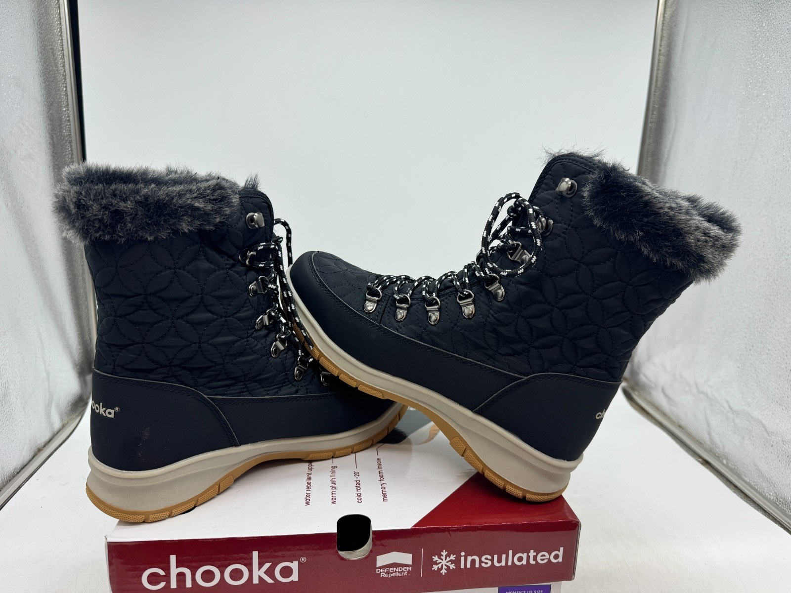 Chooka Belltown Winter Boots Women’s Black Round Toe Insulated Mid Faux Fur – 8