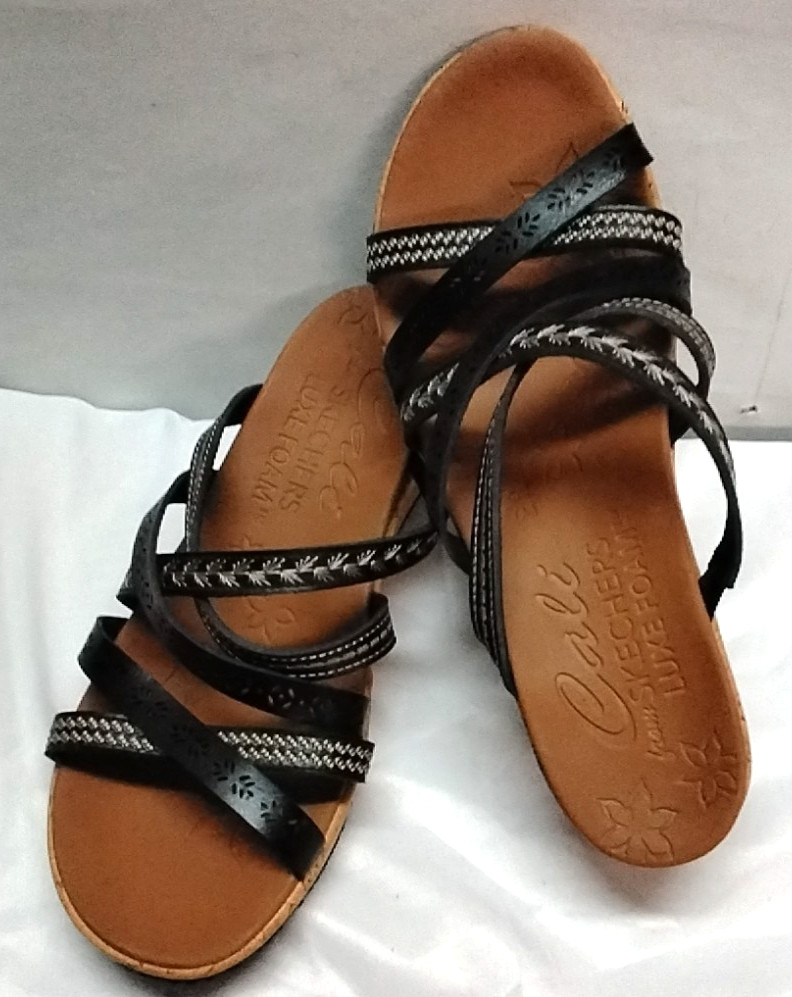 Women’s 10 M CALI From SKECHERS Black Strappy Sandals Luxe Foam Cork Wedge 31714