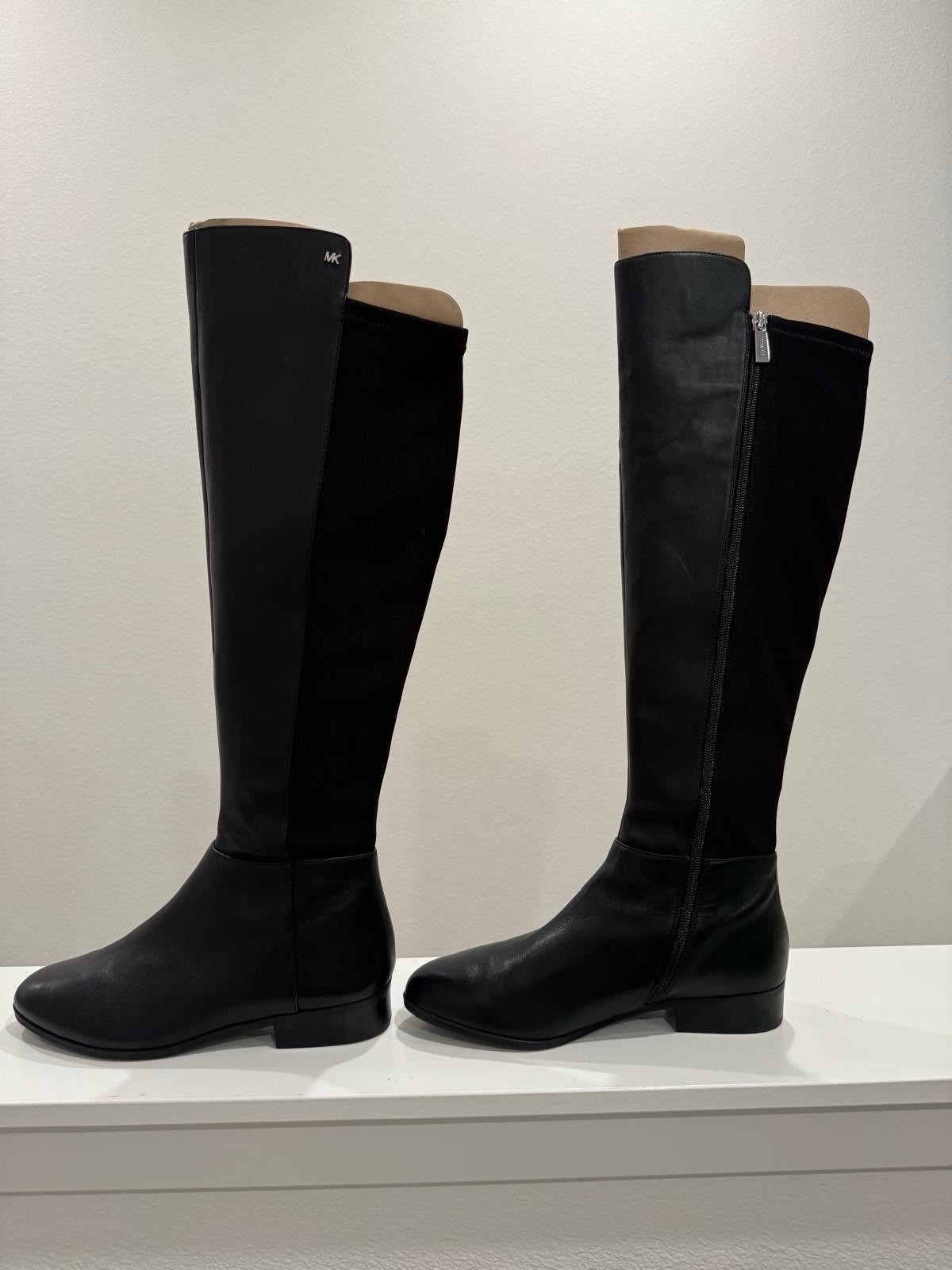 Michael Kors Black Knee High Riding Boots Leather Logo Zipper Block Toe NWB 9.5