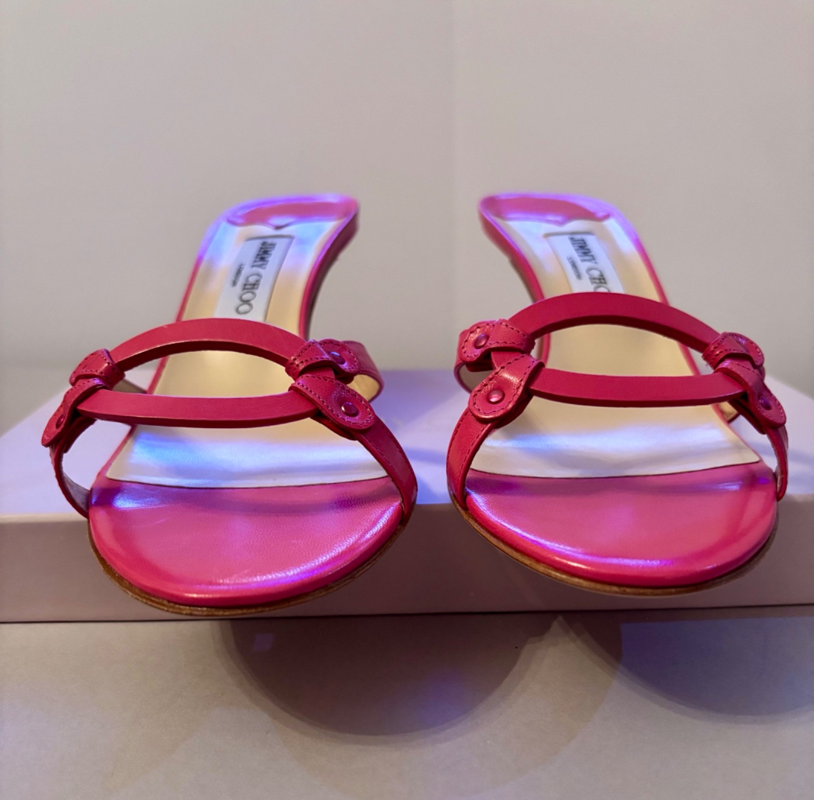 New Jimmy Choo Pink Fuchsia Sandals Shoes Heels w Box Italy Leather Summer 40
