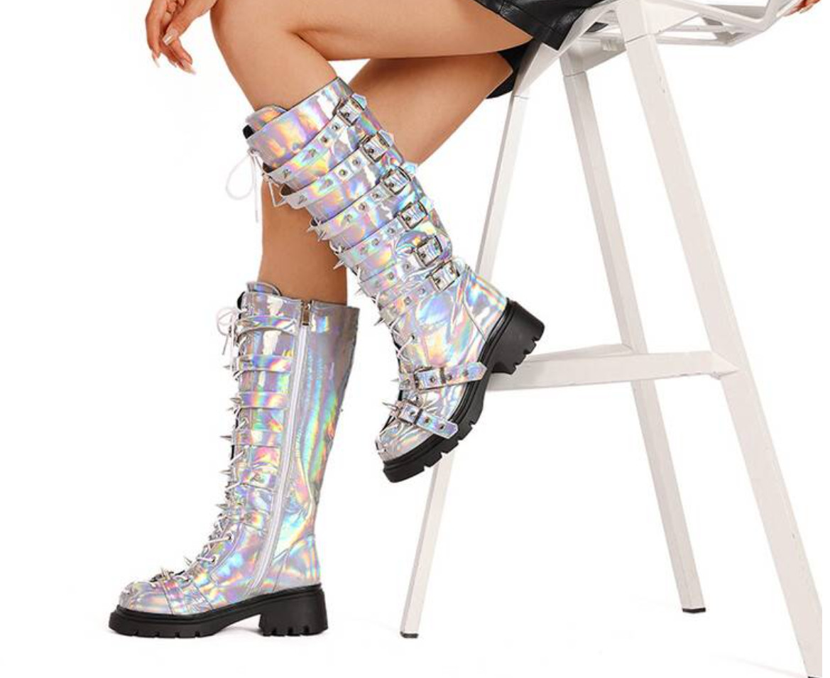 Women’s Punk Cosplay Mid Calf Boots Spike Studded Mid Block Heel Buckle Shoes Sz