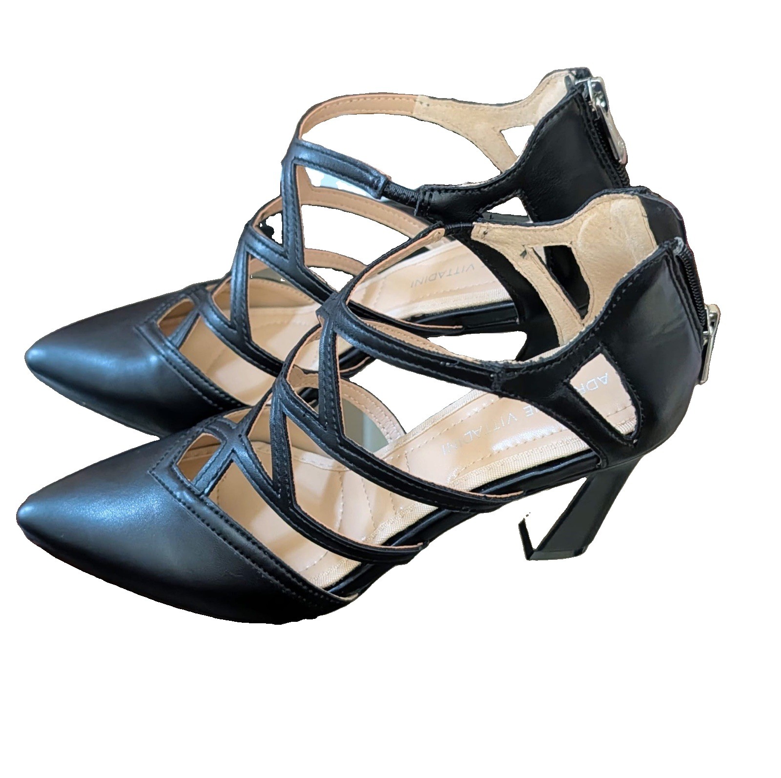 Adrienne Vittadini Women’s 7.5 Black Strappy Pointed Toe Ankle Strap Zip Heels