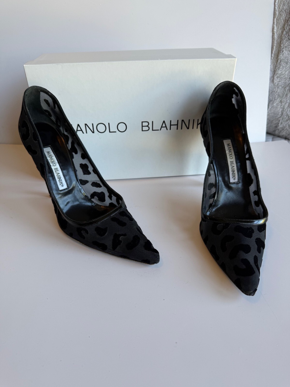 Manolo Blahnik Black Semi-Transparent Leopard Print Pointed Toe Heels