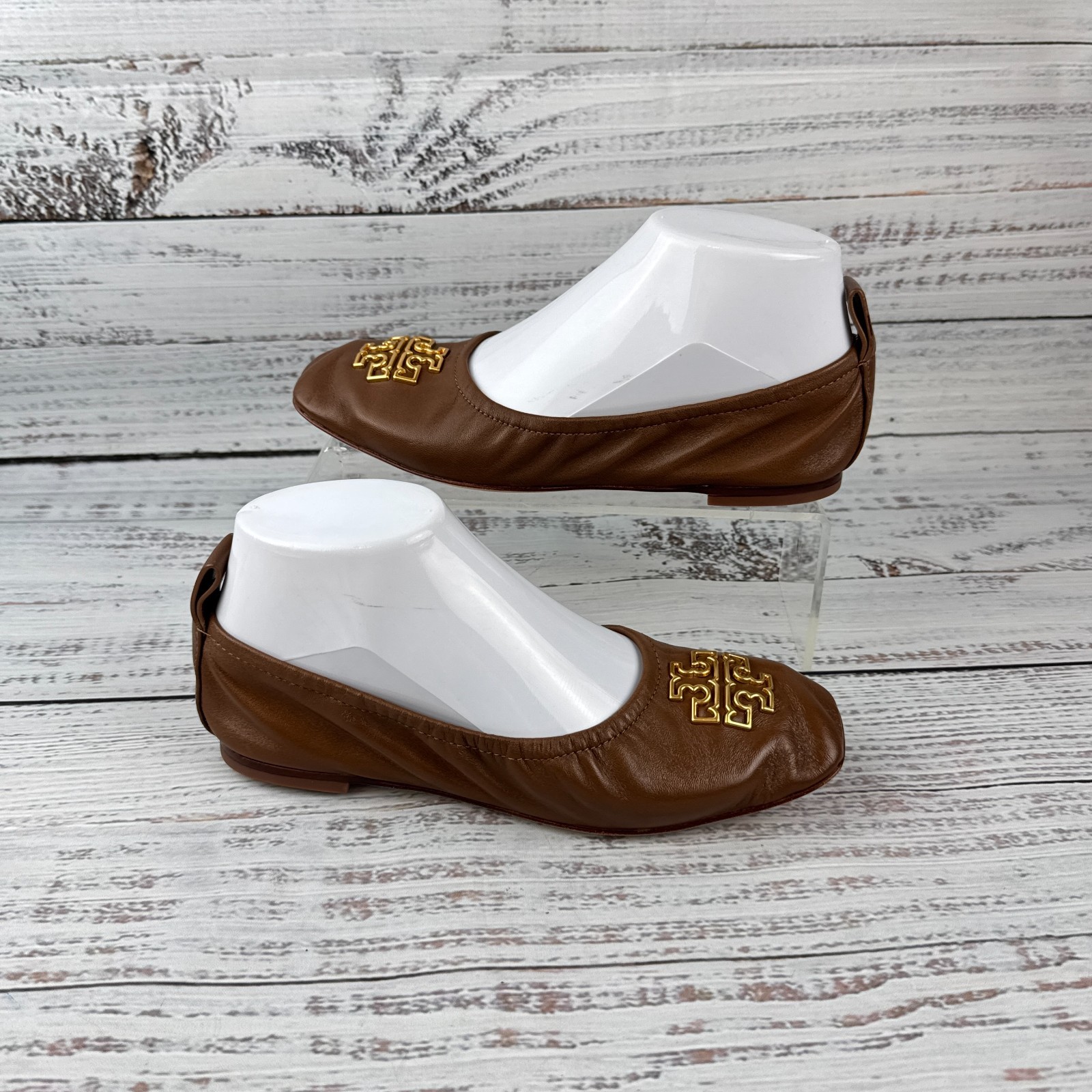 Tory Burch Britten Womens US 5M Ballet Flats Brown Leather Gold Logo