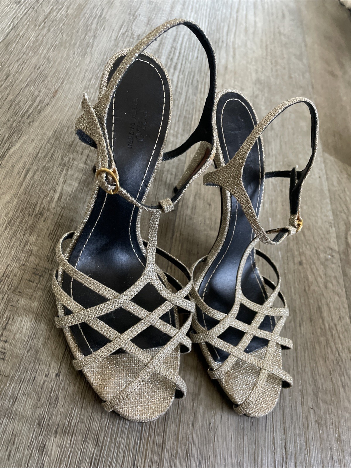 Rare Polo Ralph Lauren Freida Glitter Heels 7.5B Made in Portugal Gold Sandals