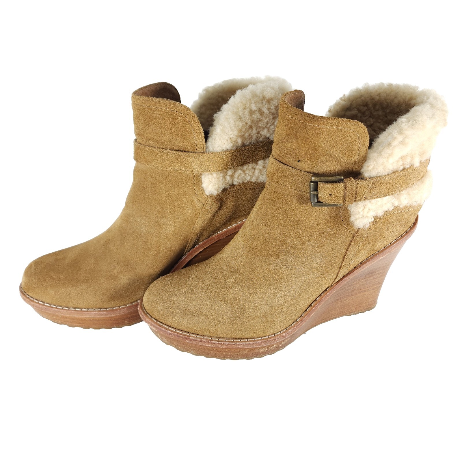 UGG Women’s Anais US9 Chestnut Suede Sheepskin Wedge Shearling Boots Booties