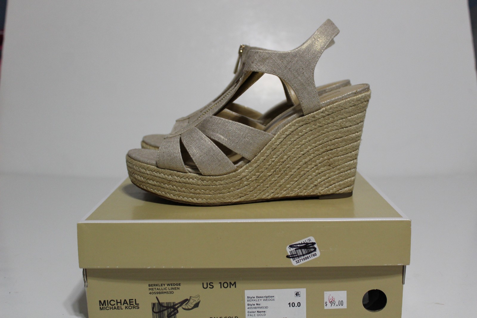 Michael Kors Berkley Womens 10 M Espadrille Pale Gold Front Zip Wedge Sandal