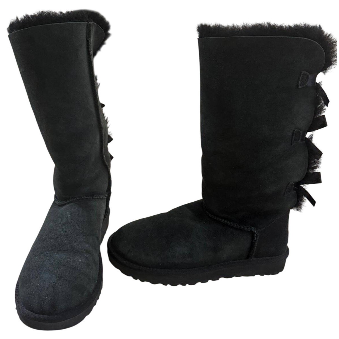 UGG Bailey Bow Tall II Black Suede Sheepskin Boots 1016434 Womens 9