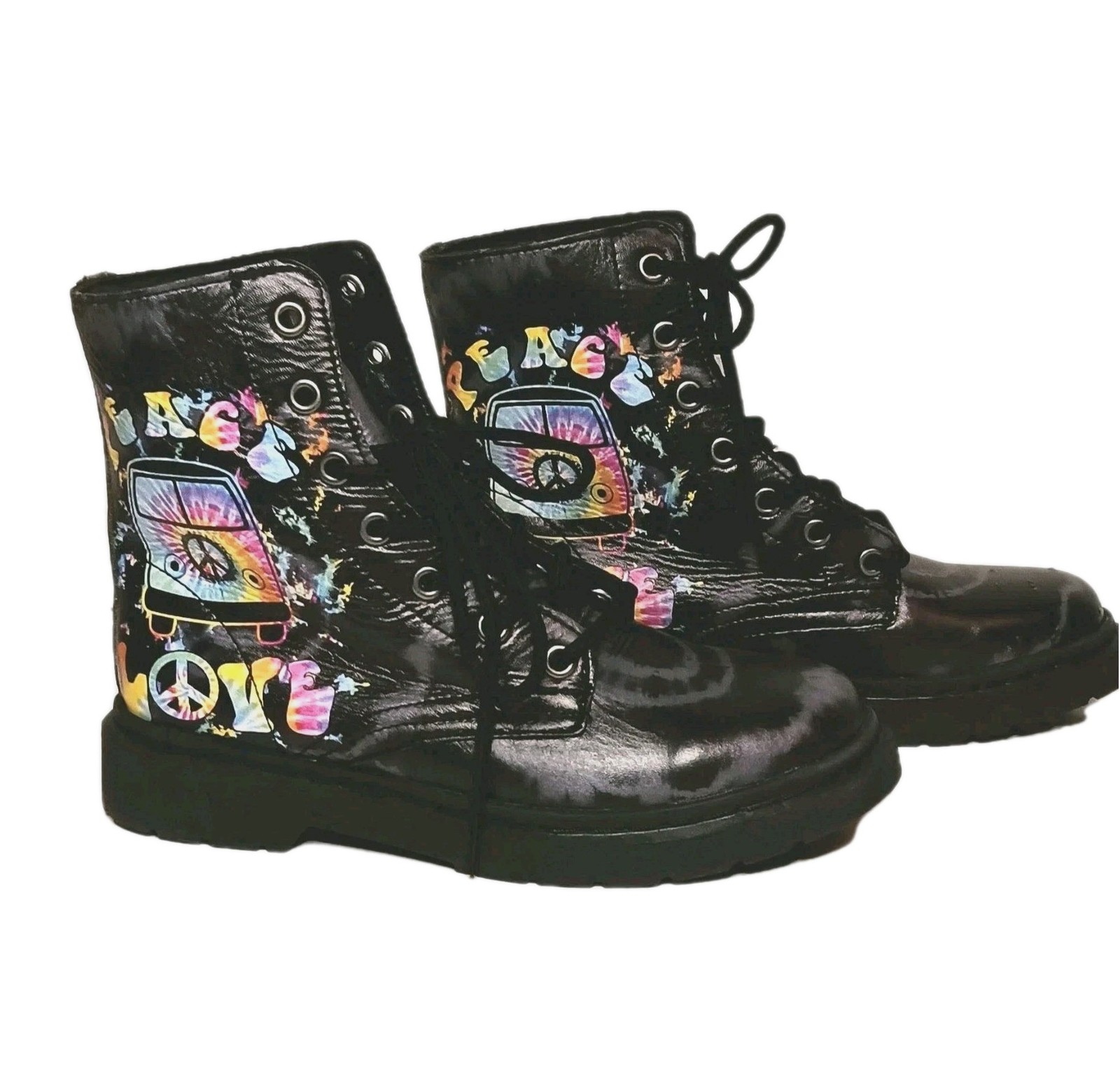 Yes We Vibe Leather Boots Black Peace &Love W 7.5/M 6 Combat Vegan Unisex Hippie