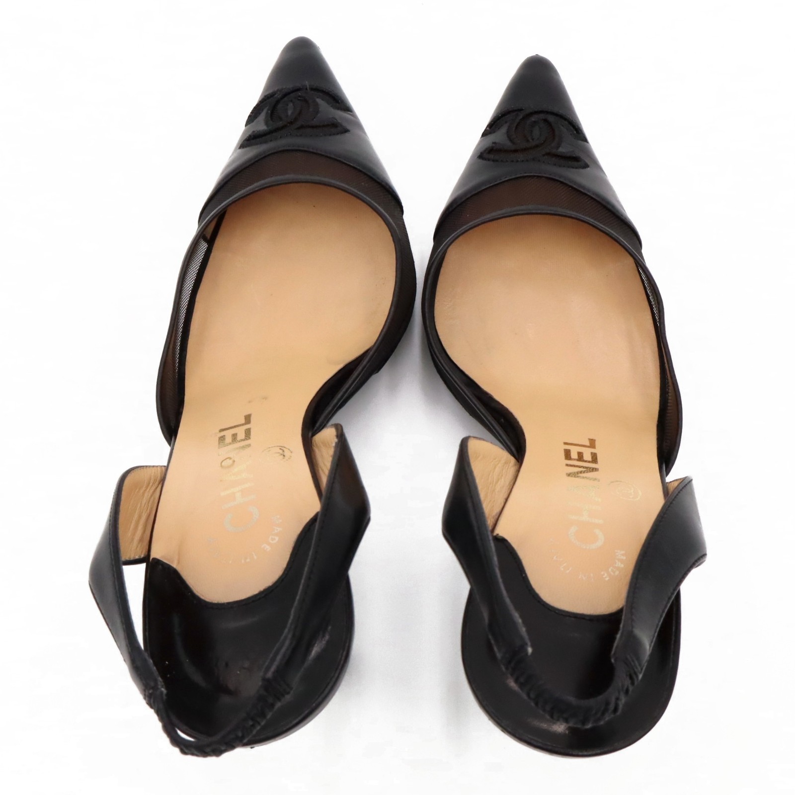 Chanel Vintage CC Mesh Leather Slingback Pumps Black Sz 36.5