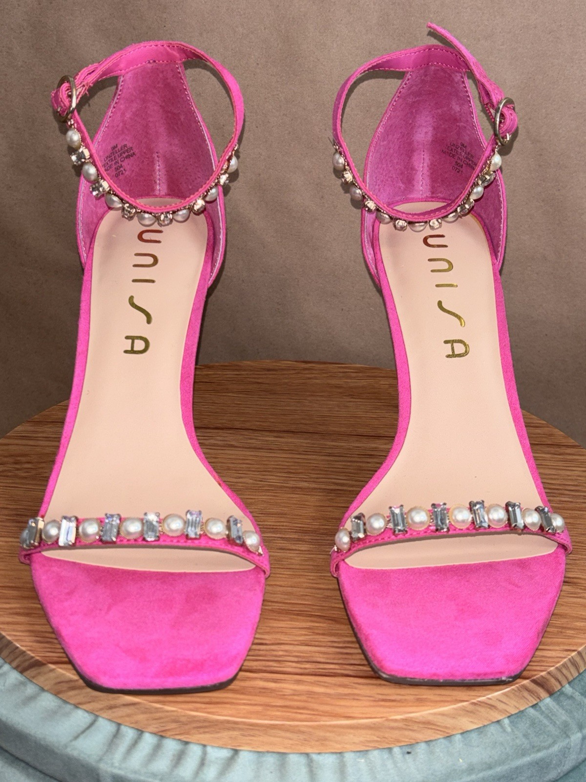 Hot Pink Pearl & Crystal Embellished Ankle-Strap Heels. Size 9