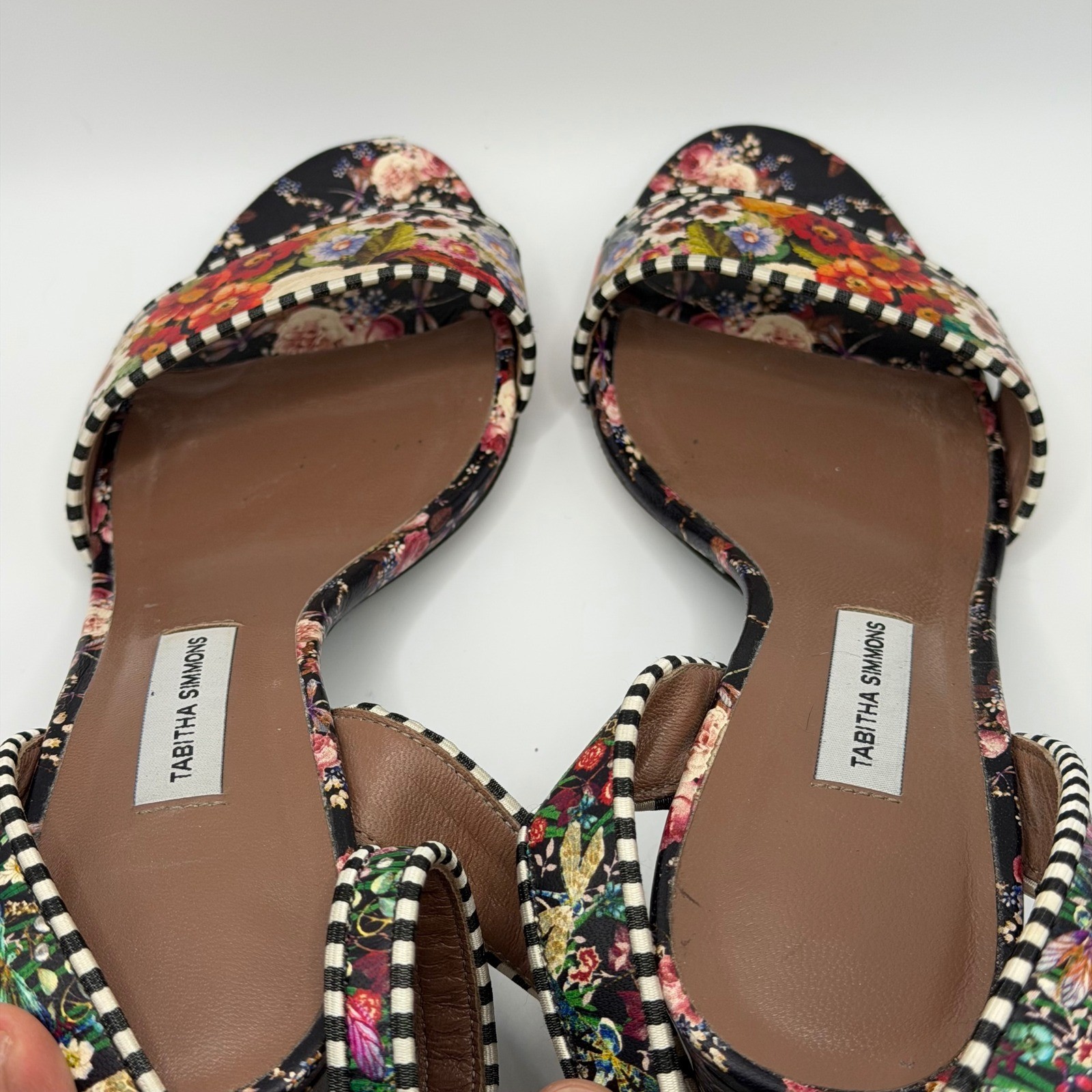 Tabitha Simmons Leticia Floral Block Heel Sandals Striped Trim Size 37