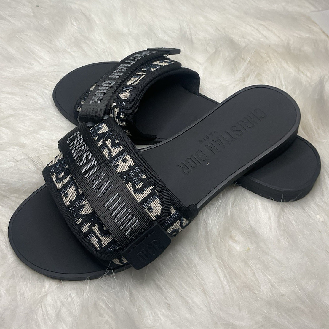 Dior Black/Beige Logo Slide Sandals Women’s Slip On Cotton Spring/Summer US 7