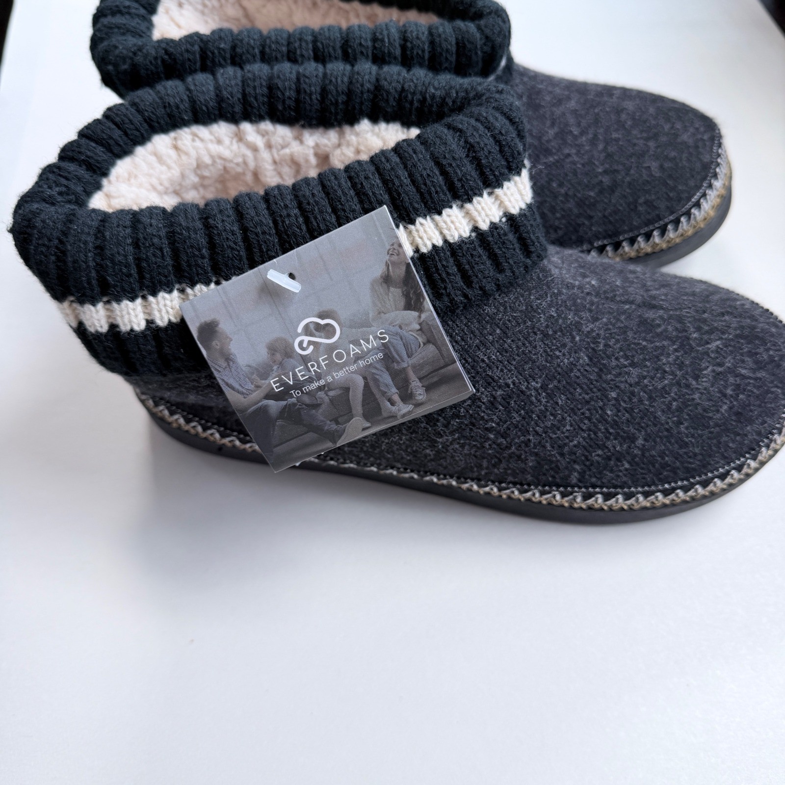 EverFoams Womens Slipper Boots Dark Gray Faux Shearling Lined Knit Collar Size 8
