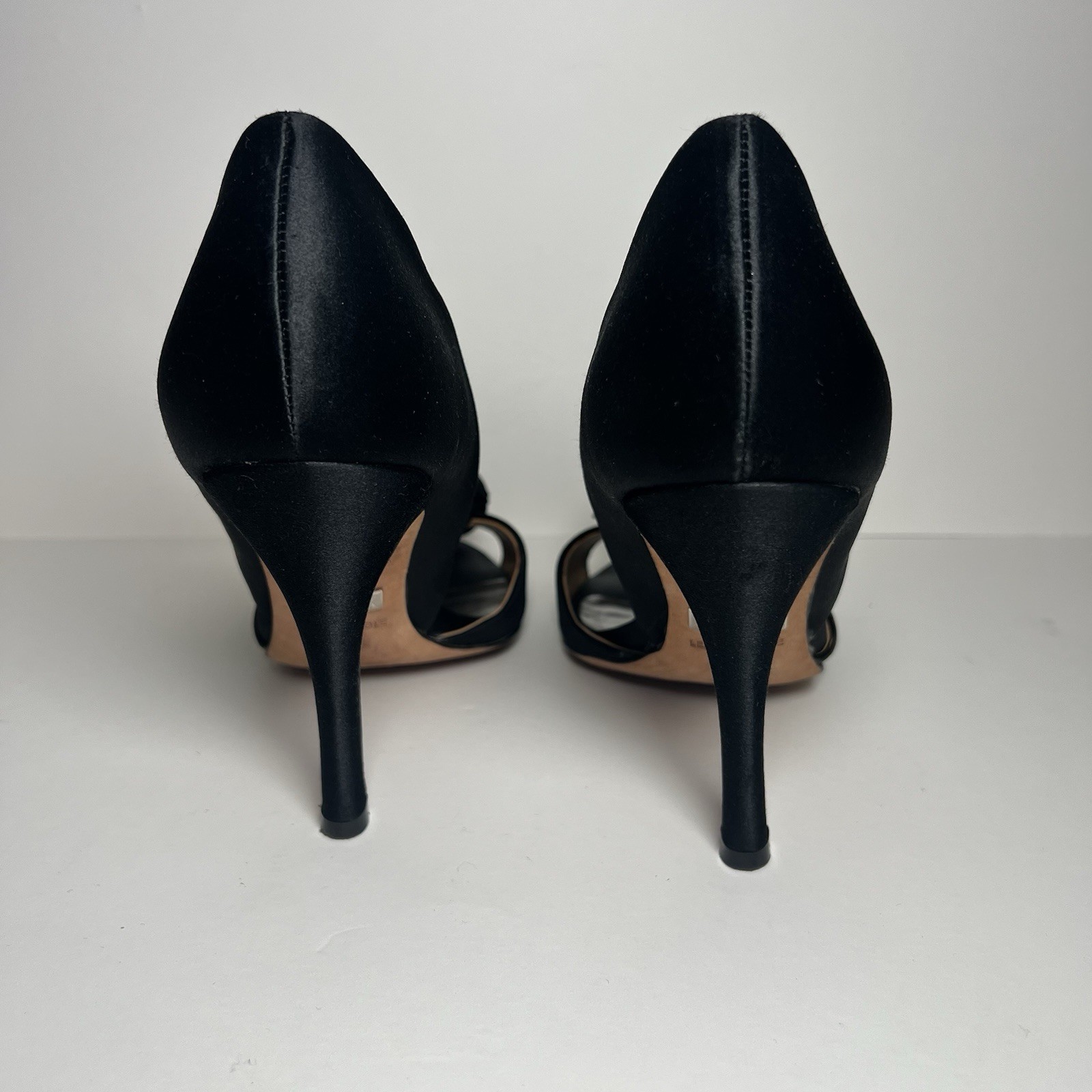 Badgley Mischka Black D’Orsay Peep Toe Satin Stiletto Heels Flower US 6.5/ EU 36
