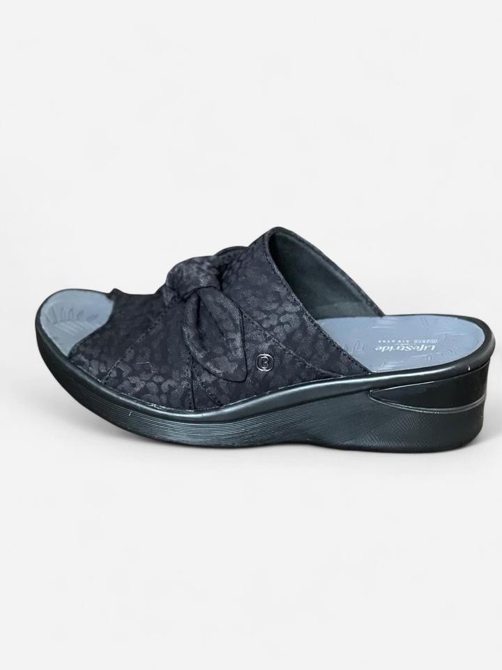 LifeStride BZees Air Step Black/Gray Animal Print Wedge Slide Sandals US 10 W