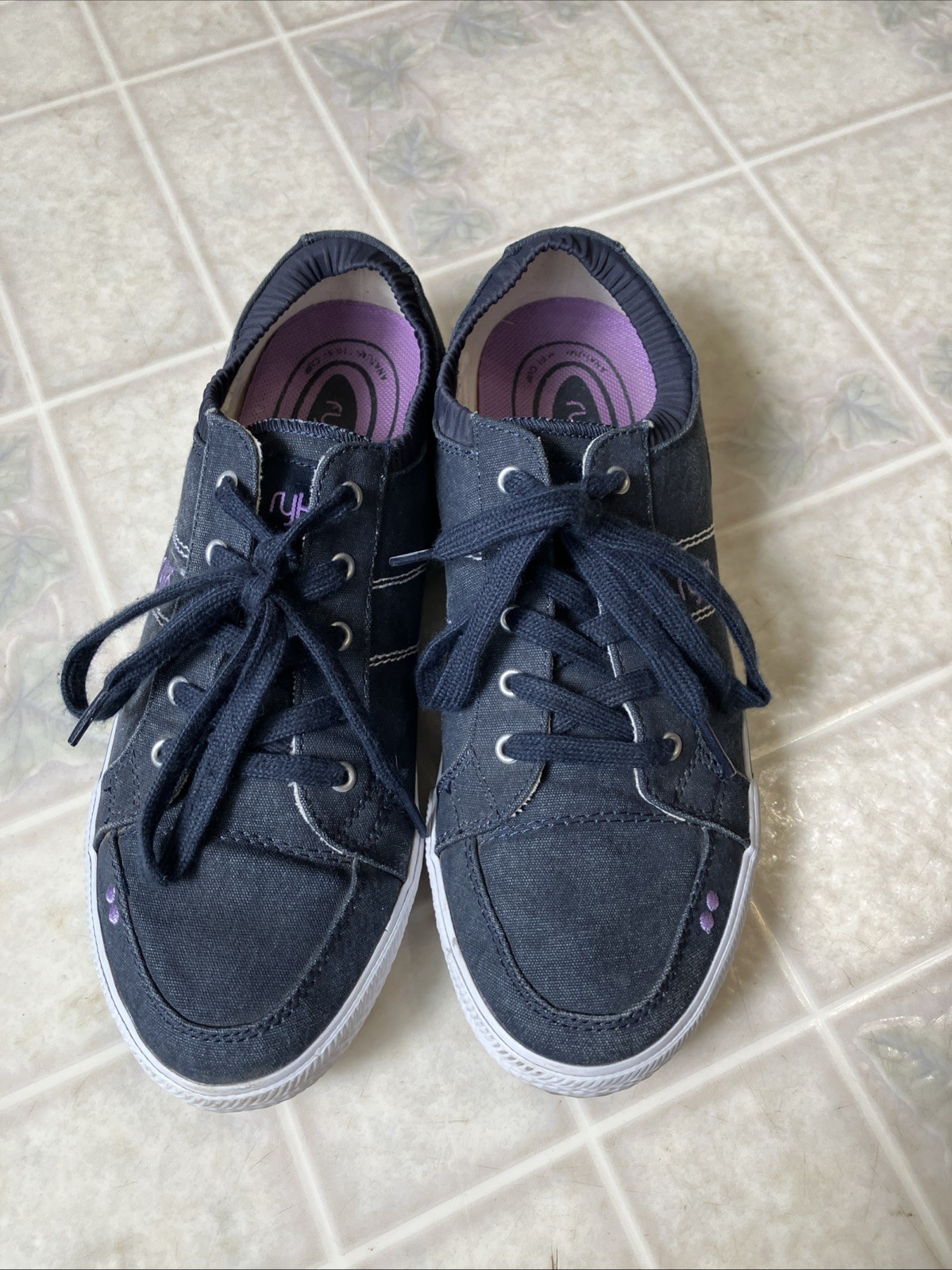 Ryka Emory Walking Casual Sneakers sz 9.5 M Denim Navy Lavender accent Lace up