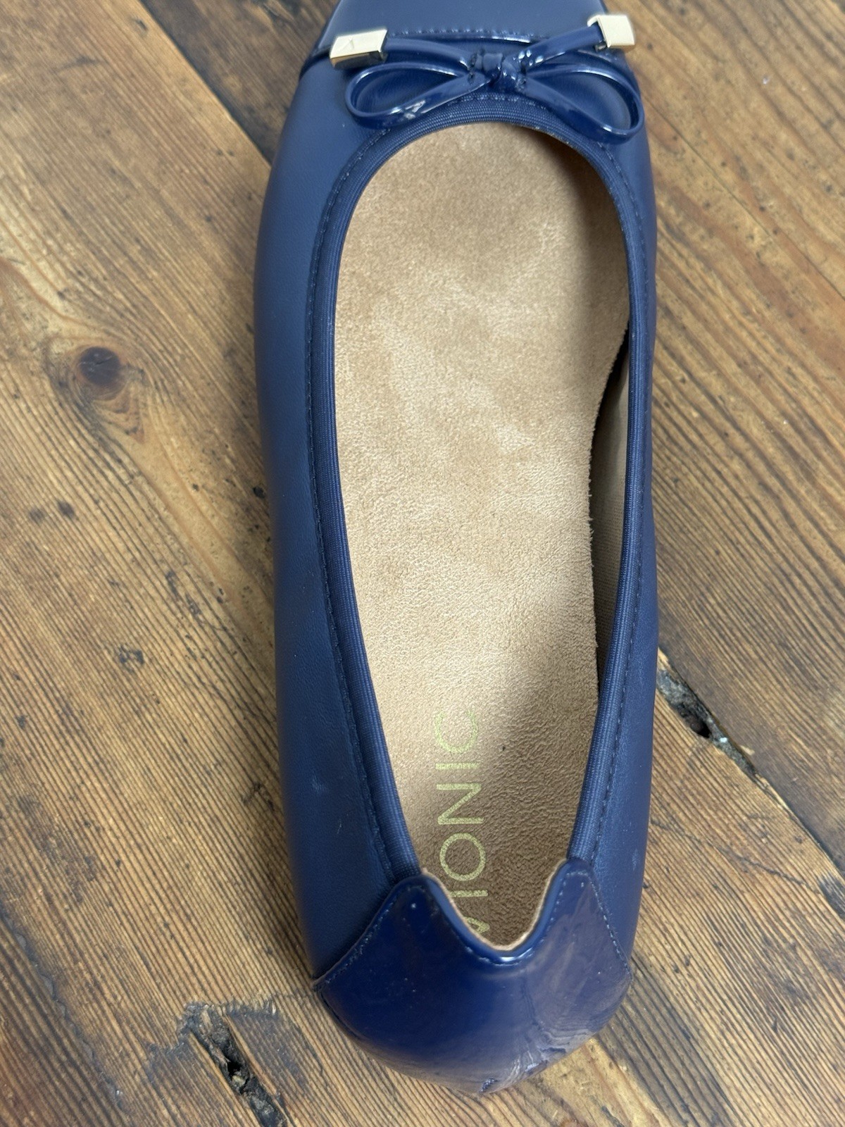 Vionic Minna Ballet Flat Size 7N (W)Blue Leather Slip On Shoe Cap Toe Bow NIB (H