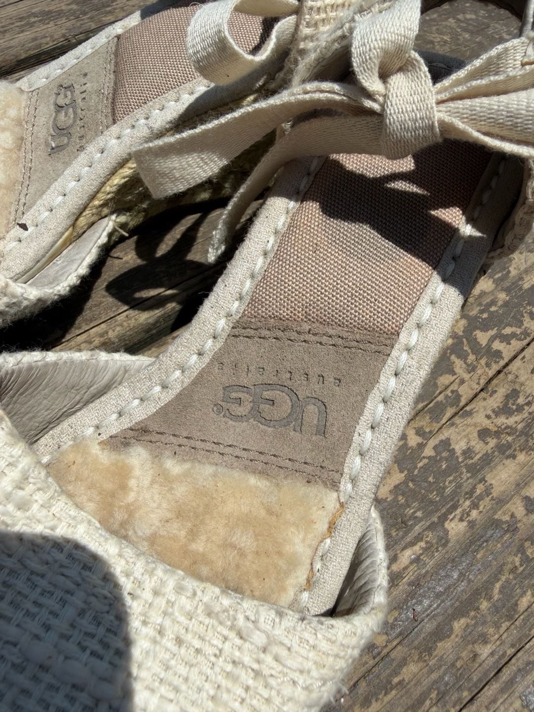 UGG Women’s Canvas Peep-Toe Ankle-Tie Espadrille Wedge Sandals