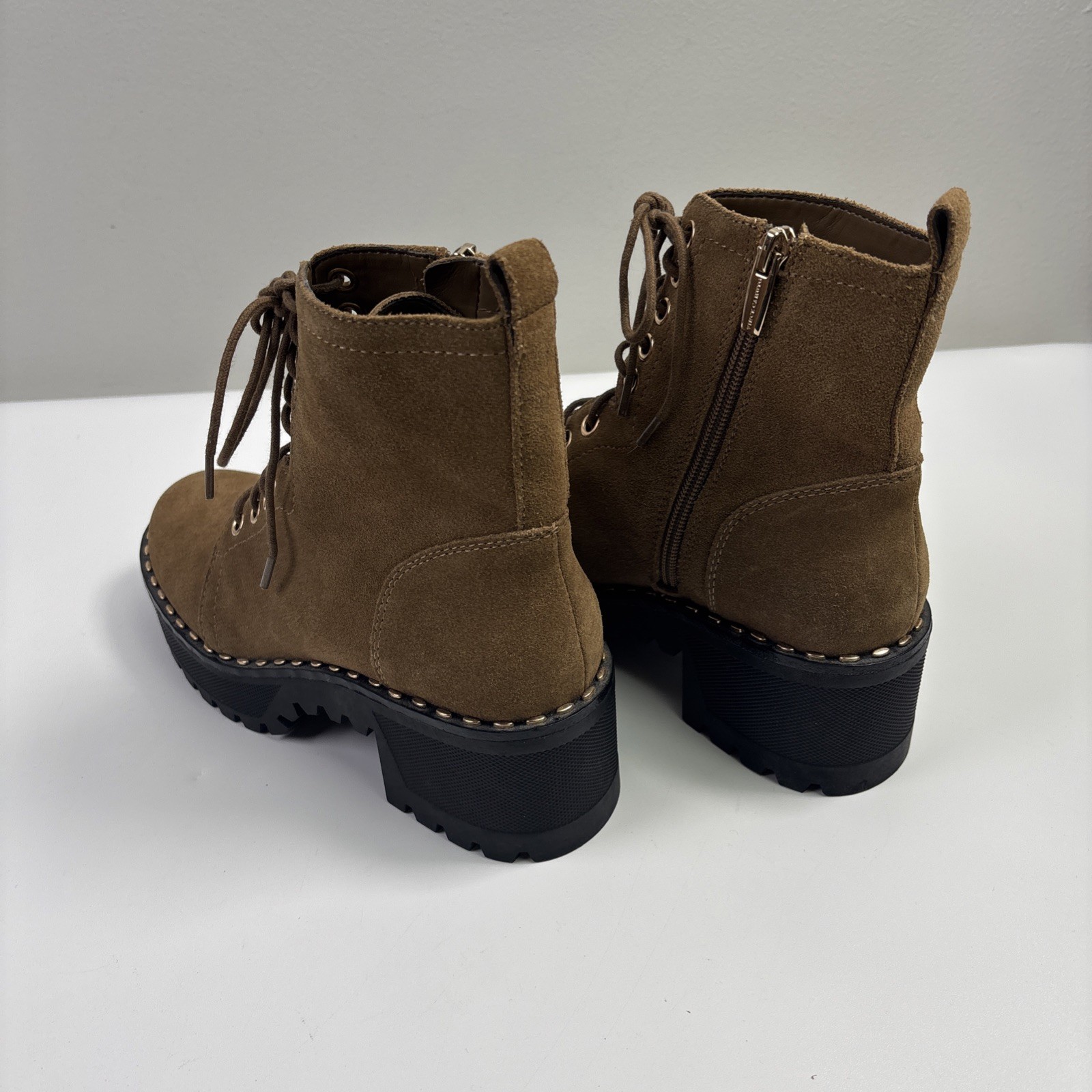 Vince Camuto Mecale Studded Combat Hiking Boot Suede Tan 7.5 M