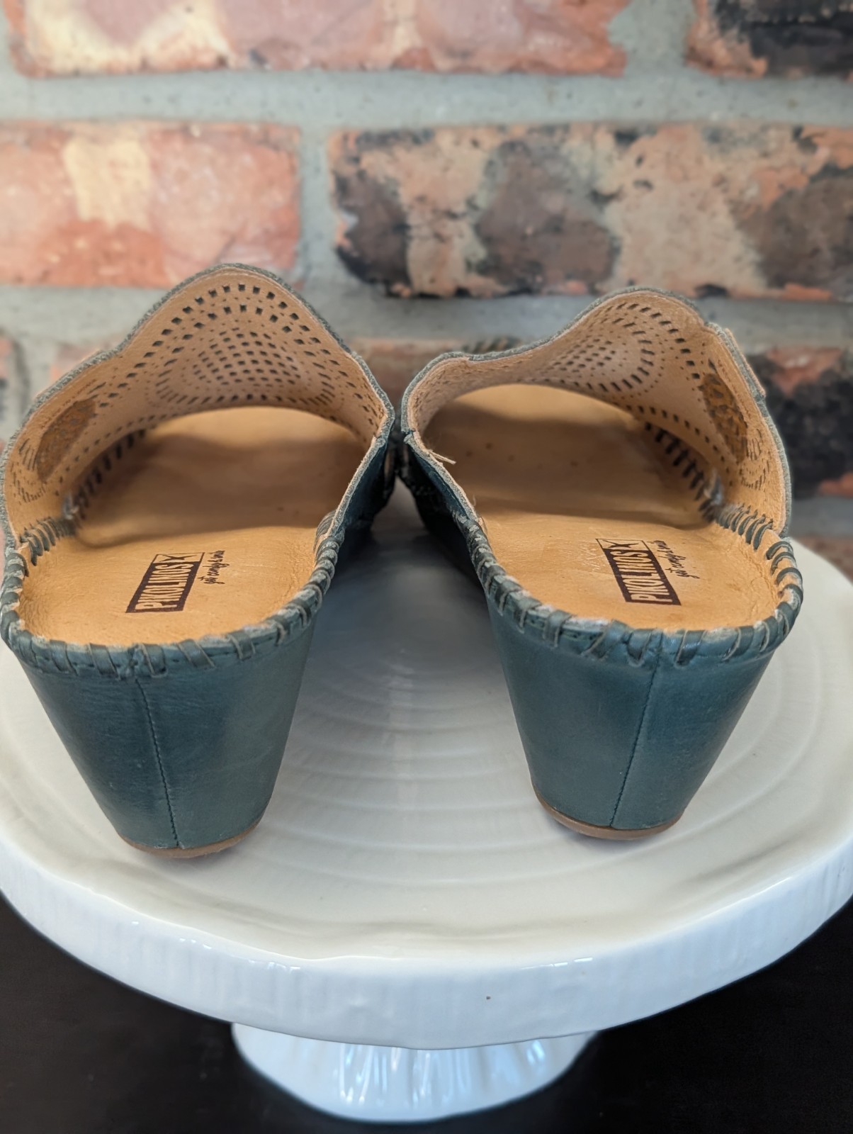 Pikolinos Calfskin Leather Sandals Margarita Midi Wedge Slide Green Sz 38 7.5-8