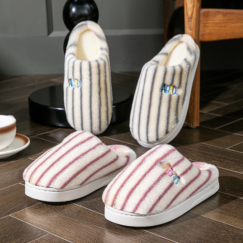 Ins Plush Striped Slippers Winter Warm Letter Embroidered Shoes Fashion Floor Be