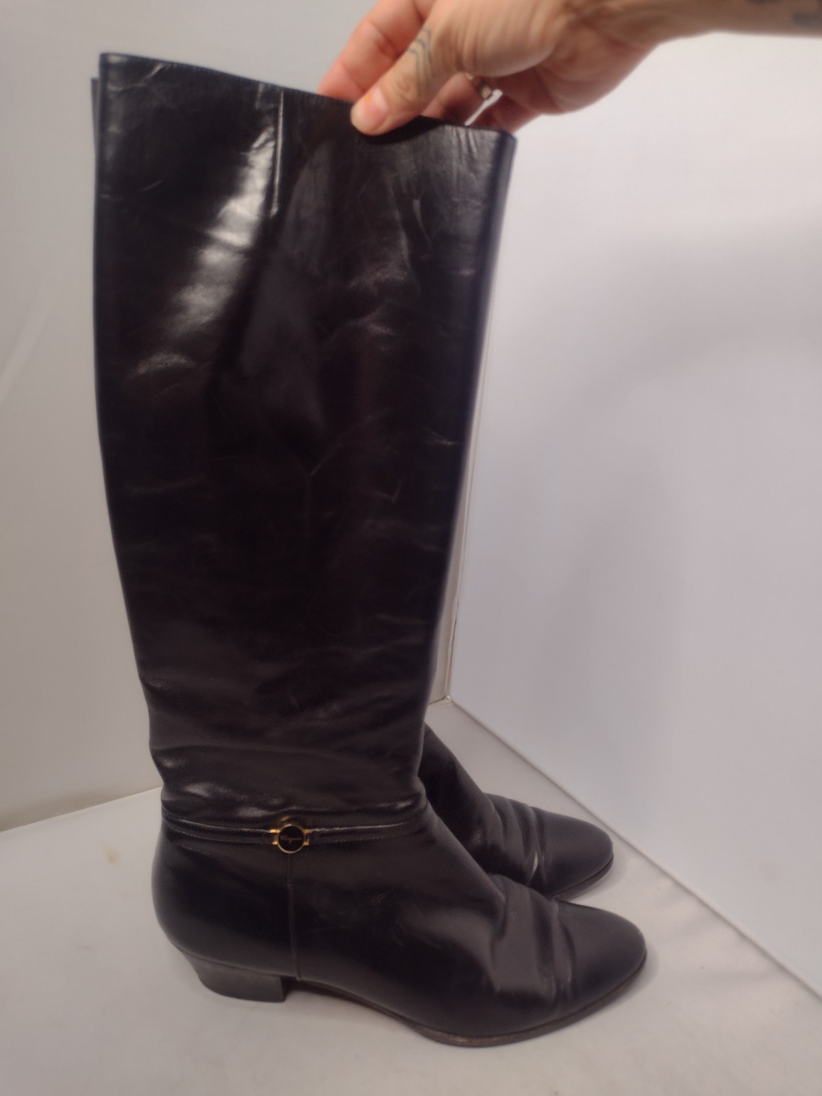 Vtg Salvatore Ferragamo Black Leather Riding Boots 9.5 AAA Equestrian Side Zip