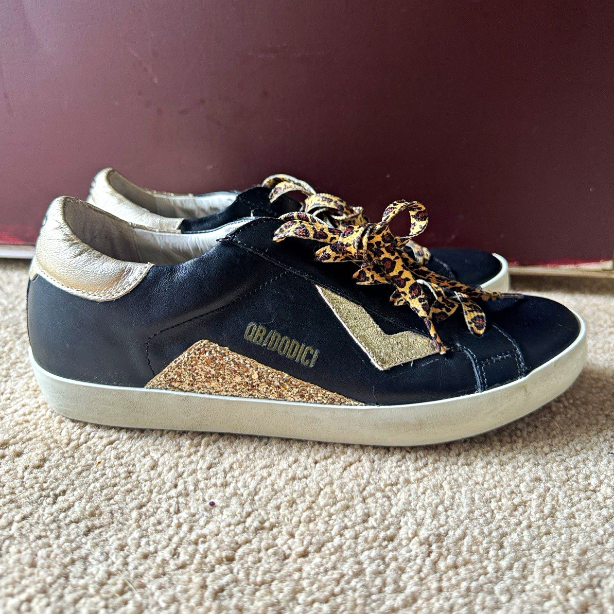 Quattrobarraadodici QB12 Black Low Top Sneaker Gold Animal Print Lace-Up