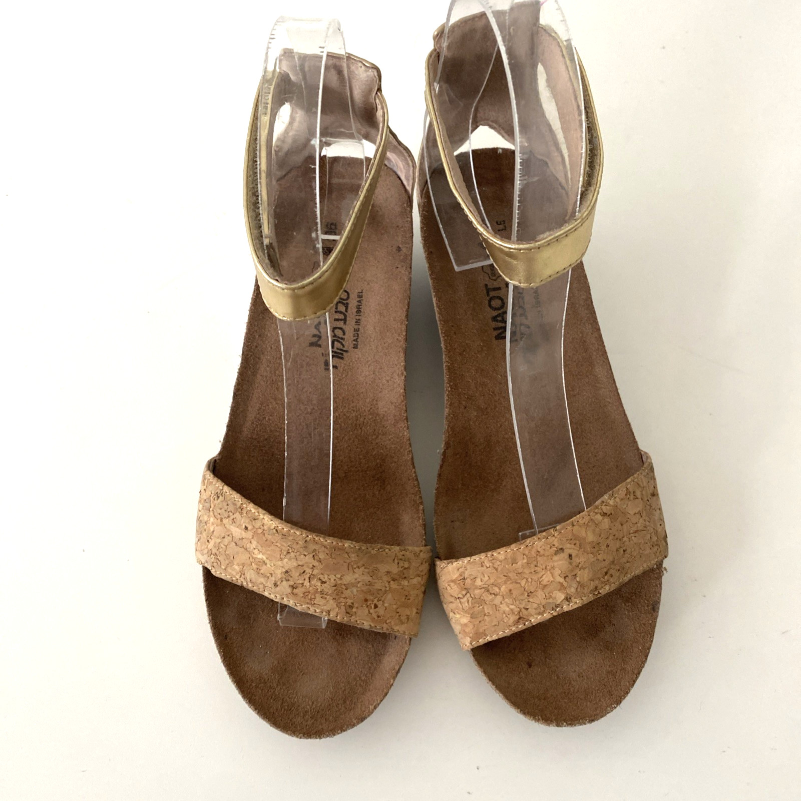 Naot Pixie Low Wedge Sandal Gold Tan Cork Open Toe Ankle Strap Comfort 36 5