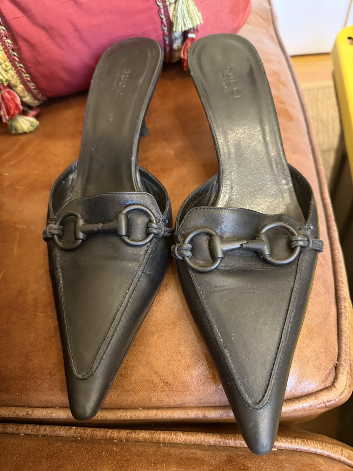 Gucci Black Horsebit Accent Leather Mules Size 9—-2.5″Heel; Made in Italy