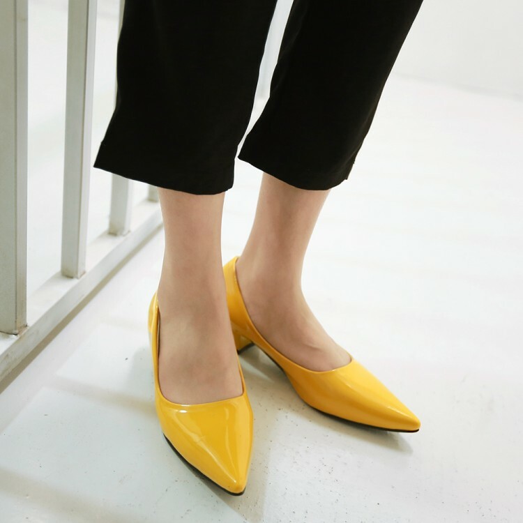 Pointy Toe Patent leather Shoes Womens Trendy Block Pumps Mid Heels Plus Size