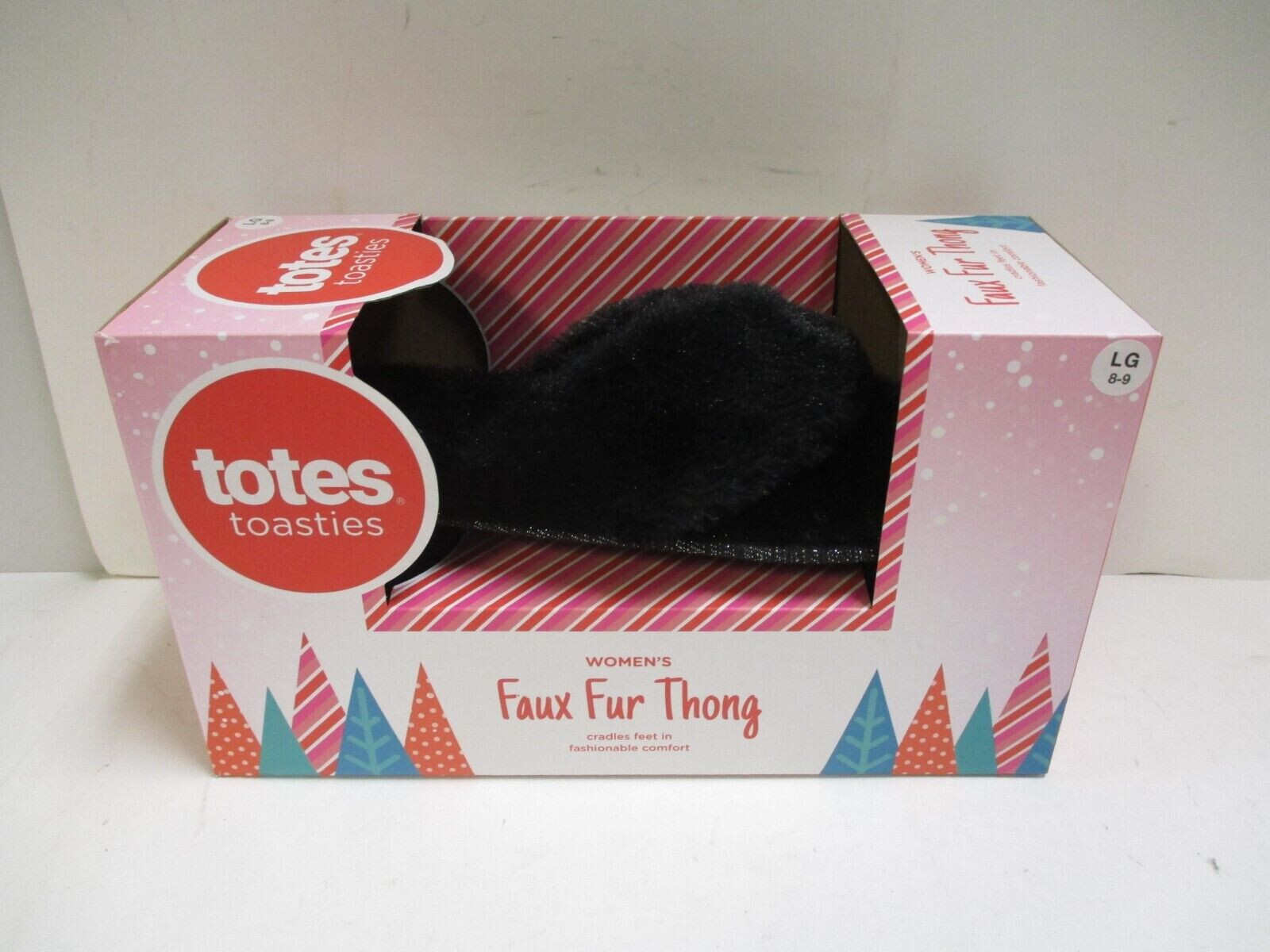 Totes Women’s Black Faux Fur Thong Slippers Size L 8-9 Flip Flop Style Indoor