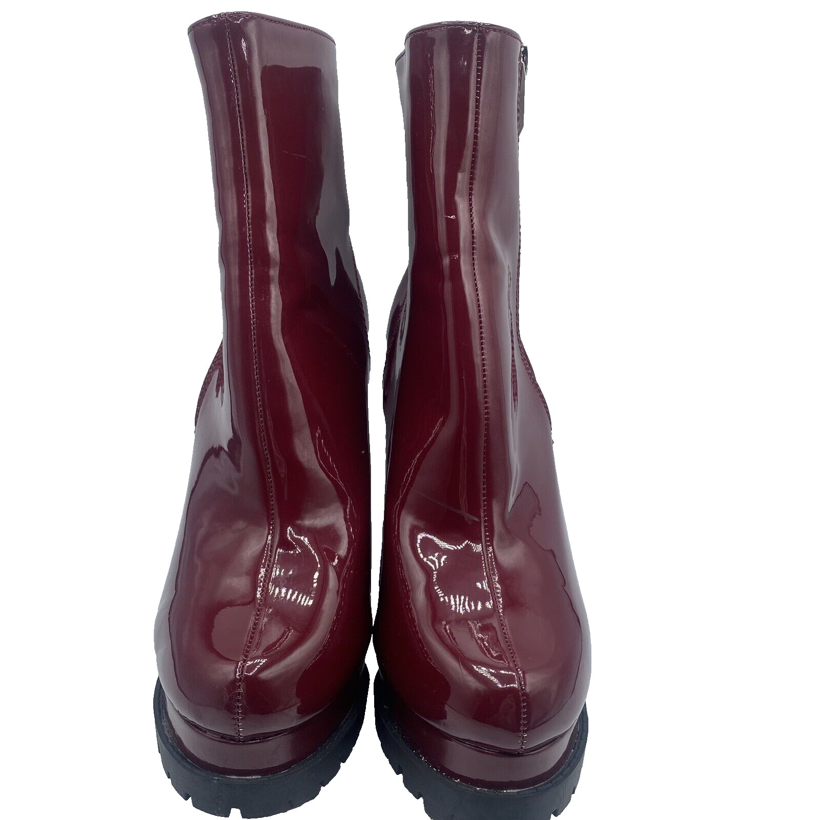Women’s Burgundy Wine Maroon She & In Chunky Heel Zippered Boots Mod Y2K Sz 7.5