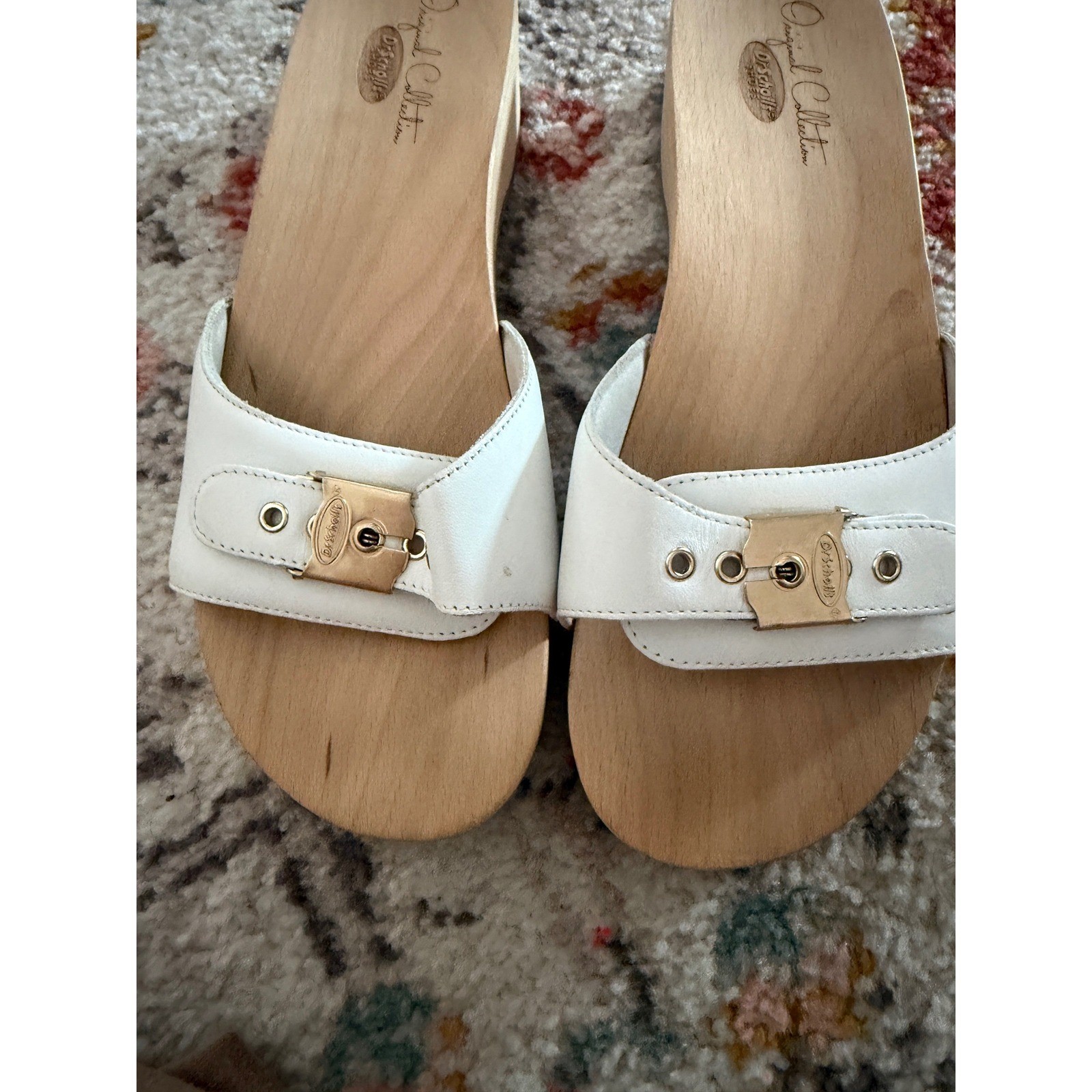 Dr. Scholls Original Collection White Leather Wood Sole Slide Sandals Size 9M