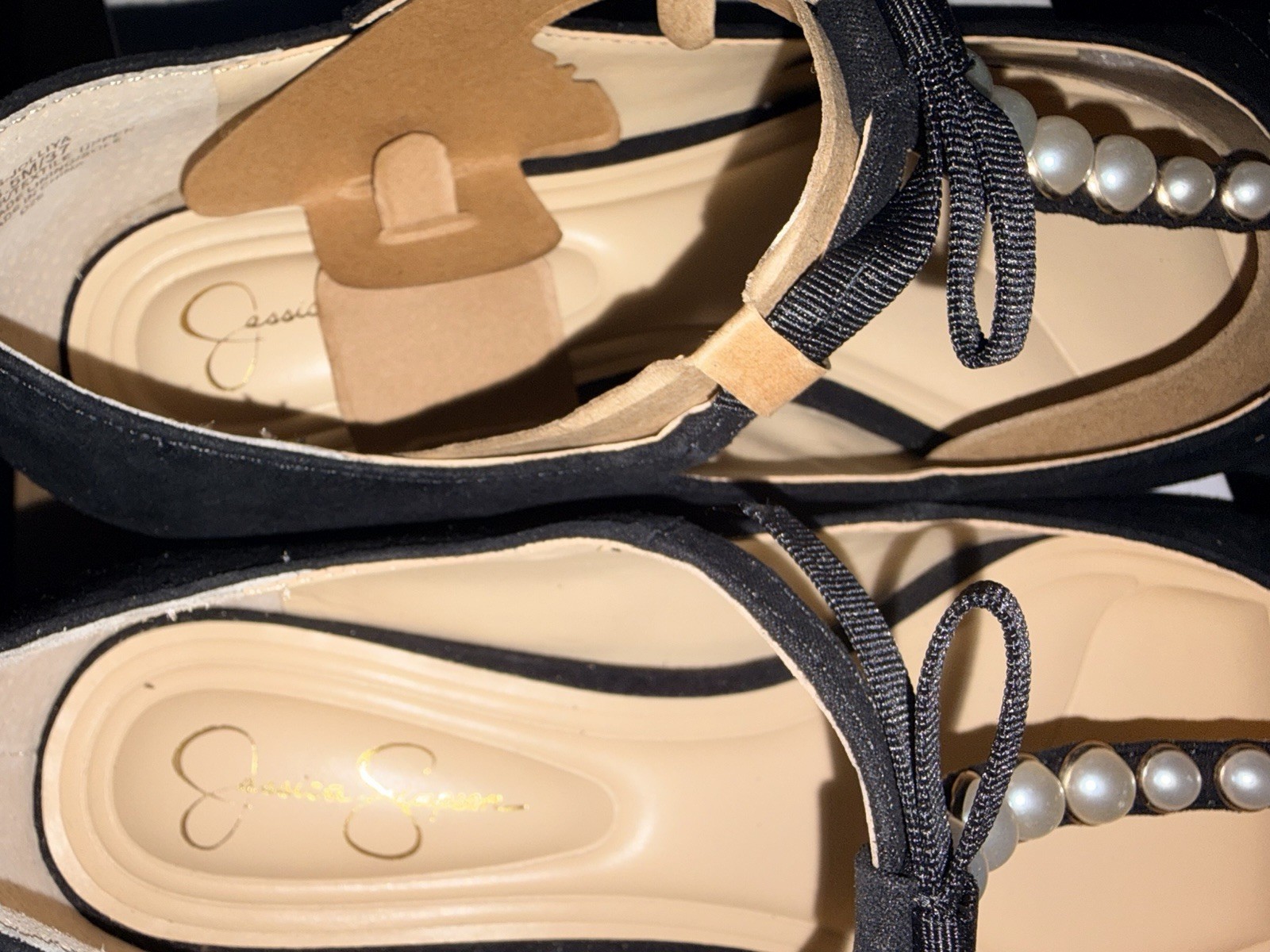 Jessica Simpson Women’s Mary Jane Flats Black Faux Suede Pearl Bow Buckle US 6.5