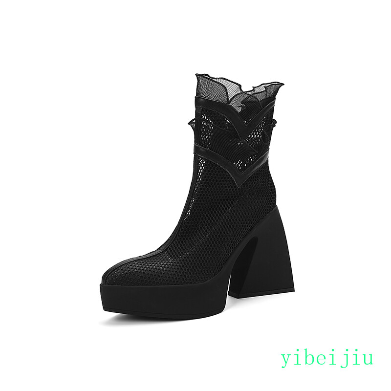 Women’s Ruffle Platform High Heel Fishnet Mesh Ankle Boots Lace Shoes Breathable