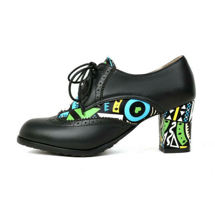 Splicing Women’s Faux Leather Block Heels Shoes Round Toe Lace Up Retro Fashion