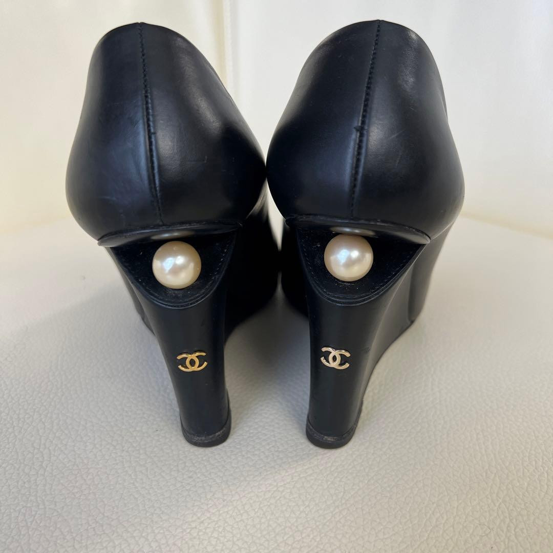 Chanel Wedge Sole Sandals Black With Coco Mark Size 36.5 US About6.5 Women F/S