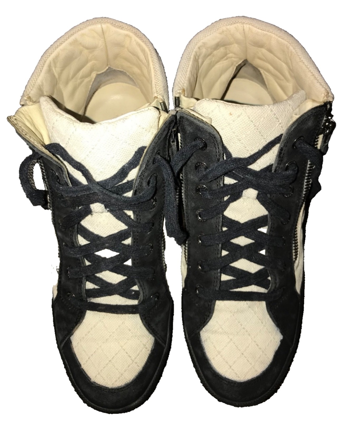 Chanel Beige Canvas Quilted Suede Leather CC Double Zip High Top Sneakers SZ 38