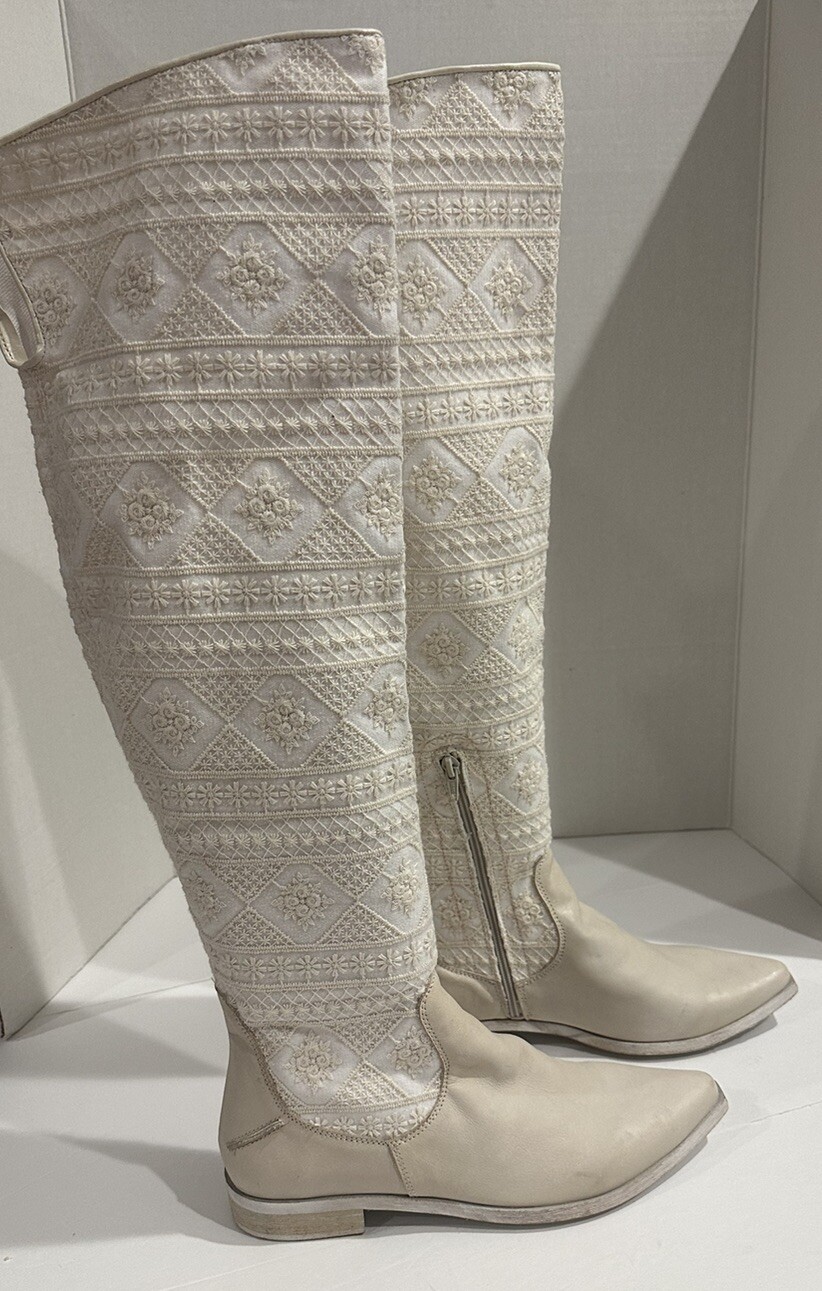 FREE PEOPLE Bren Ecru Slouch Boots Textile/Leather US 10 / EU 40 NEW Retail $298