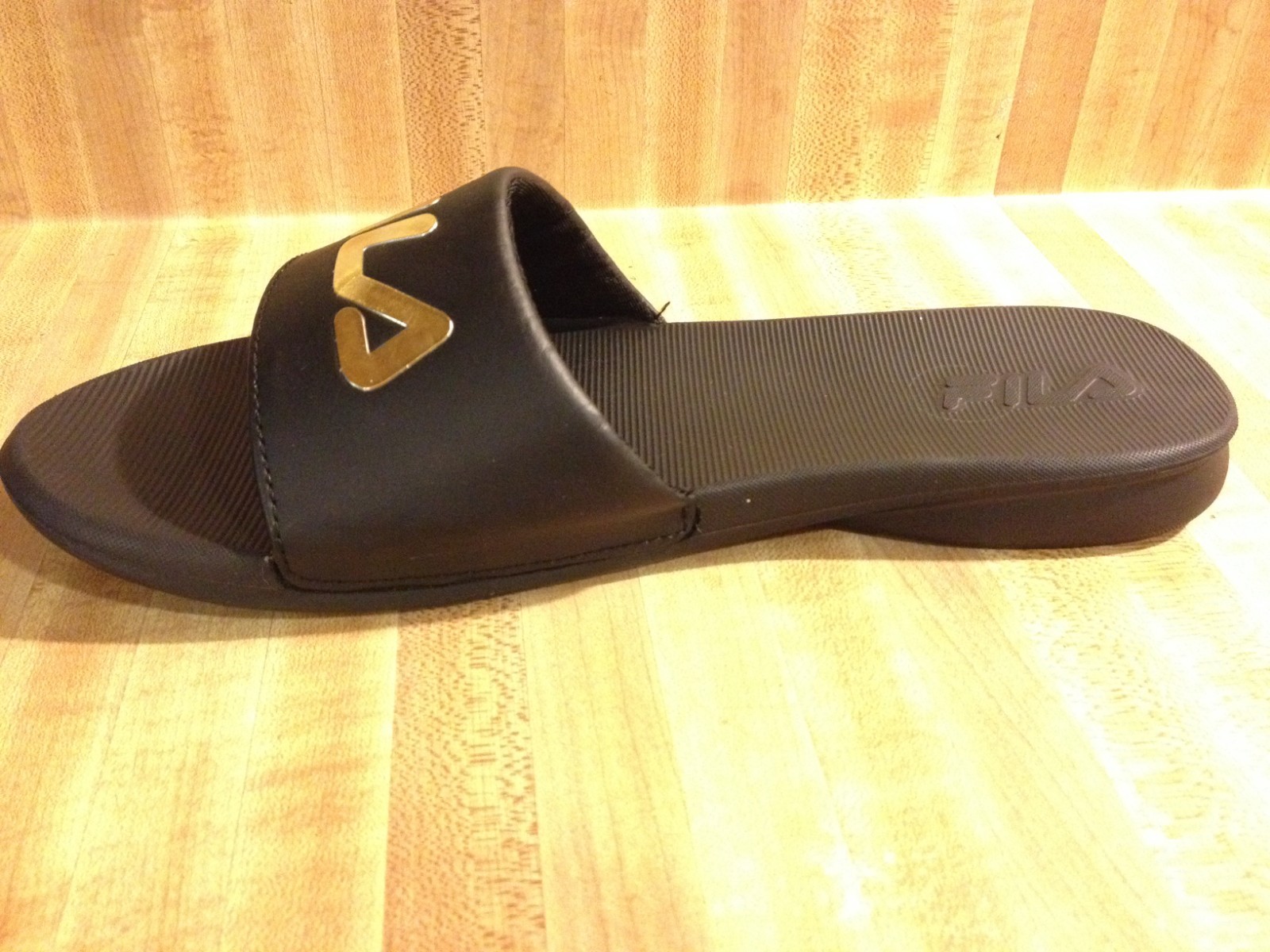 Fila Womens 10M Drifter Sleek ST Black Gold Slide Slip On Shower Sandals