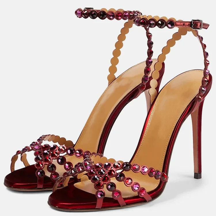 Burgundy Rhinestone Embellished Stiletto Heel Ankle Strap Sandals FSJ202309034