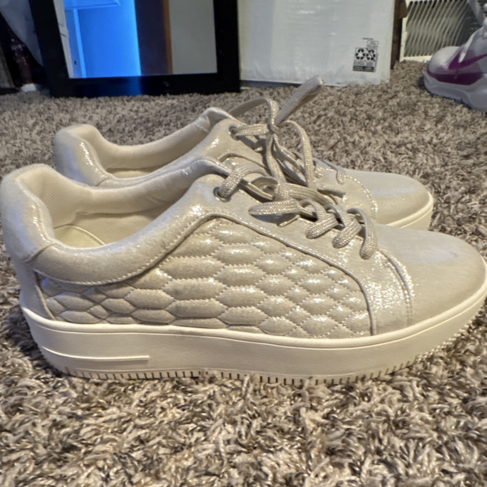 JP-YEMELLA Beige Quilted Lace Up Textile Women’s Sneakers Low Top Casual