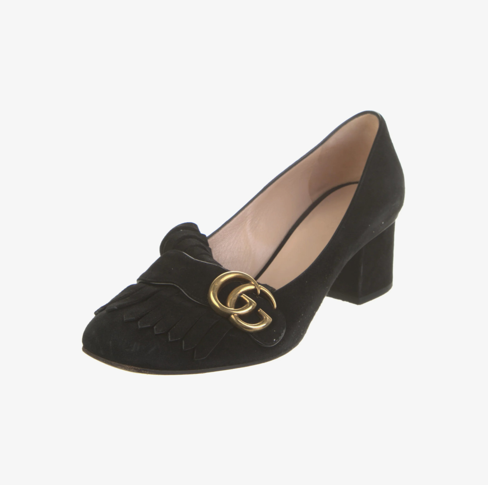 Gucci Black Suede GG Marmont Fringe Block Heel Pumps Size US 9 | IT 39