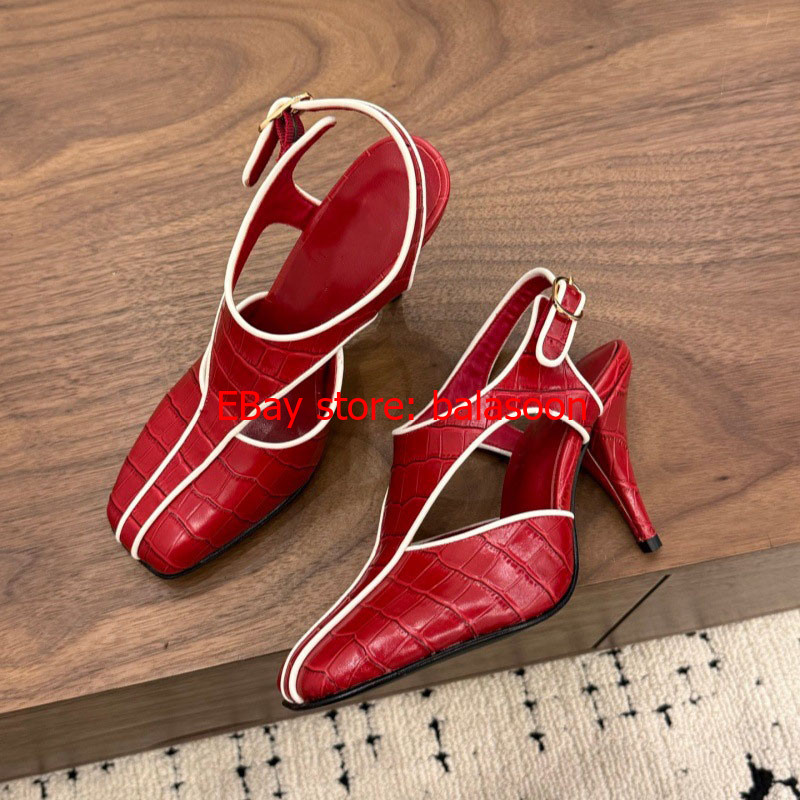 2026summer leather round head shallow mouth buckle stiletto heels Baotou sandals