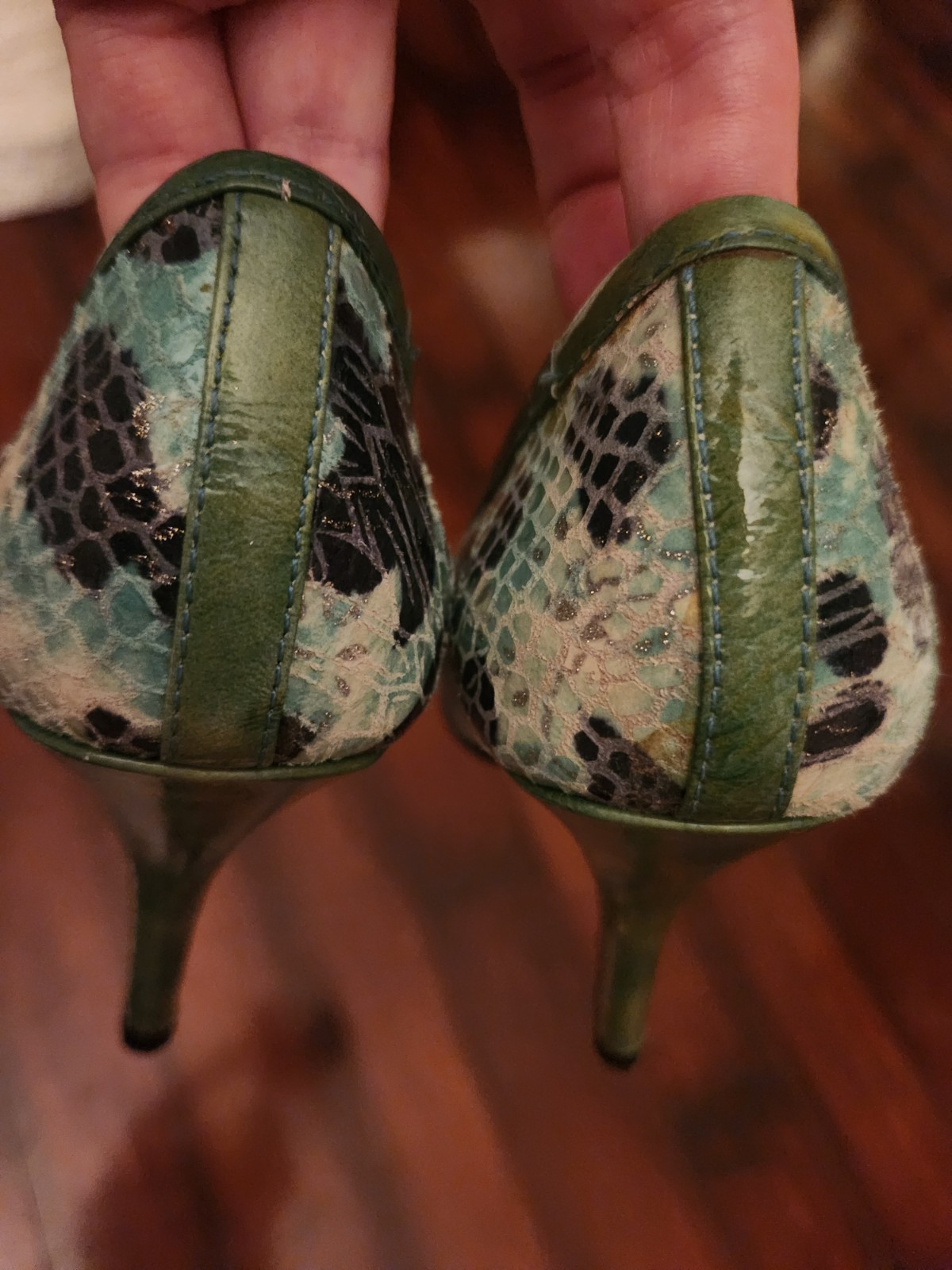 Naughty Monkey 7 Green And Blue W/ Black Leopard Print & Gold Sparkle Pumps